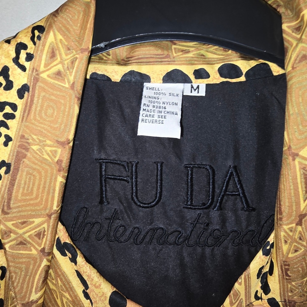 Fu Da International Bomber Jacket M Womens Gold Silk Leopard Tribal Vintage 90s - Picture 2 of 5